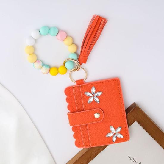 RFID Shielded Card Holder with Rhinestone Flower And Beads Decor Women Wristband Wallet Keychain Faux