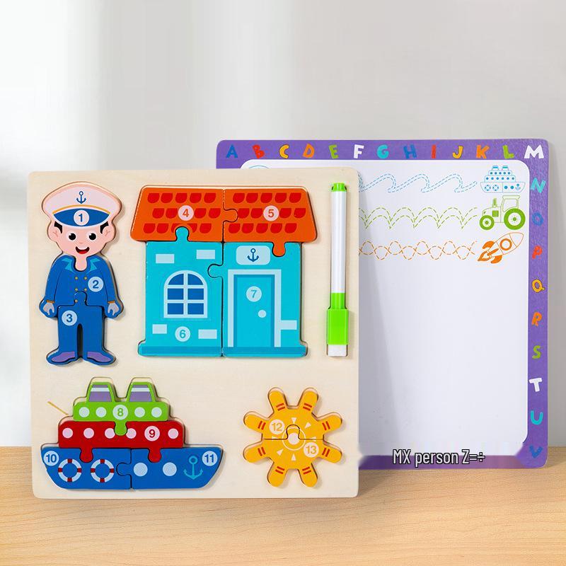 Children's 3D Wooden Jigsaw Puzzle & Drawing Board - Educational Vehicle & Figures Cognitive Toy.