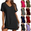 Women’s Fashionable Casual Plain V-neck Short-sleeved Knot-detail Loose-fit Dress