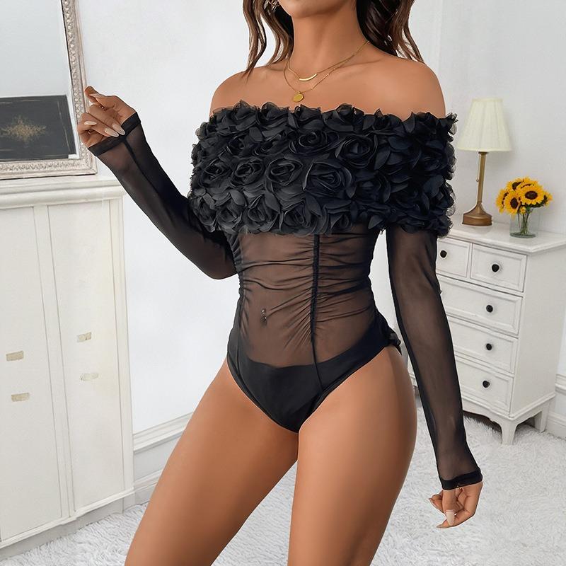 Women Sexy Mesh Off Shoulder Floral Long Sleeve Tight High Waist One Piece Jumpsuit