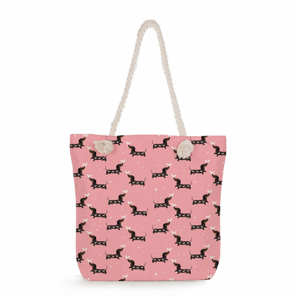 Sausage dog print thick rope single-shoulder beach bag 7274 CLE