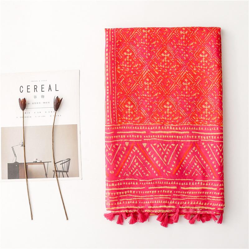 Four Seasons Bohemian Ethnic Style Tourist Sunscreen Shawl Bali Yarn Cotton And Hemp Texture Red Geometric Silk Scarf