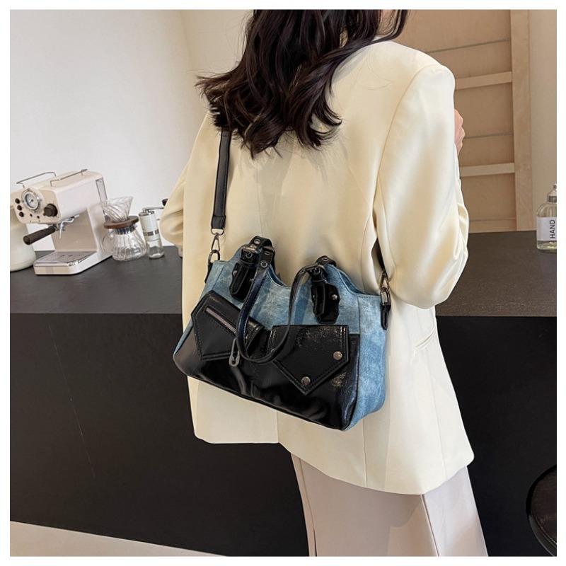 Vintage Euro-American Large Capacity Shoulder Bag New Crossbody Bag Patchwork Women Bag Minimalist Soft Leather Tote Bag