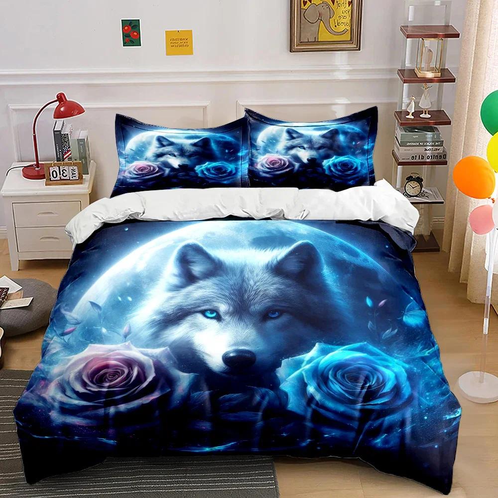 New Arrival! Wolf and Rose Print Bedding Set for Wolf Totem Lovers 1 Quilt Cover 2 Pillowcases Adult and Kids Bedding Set Gifts