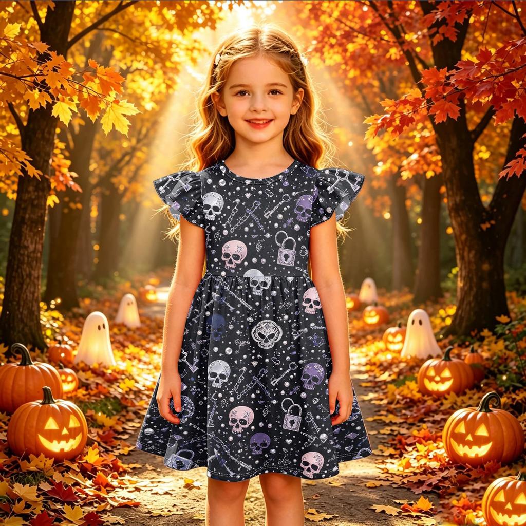 Kids Casual Halloween Printed Sleeve Dress for Party and Holiday