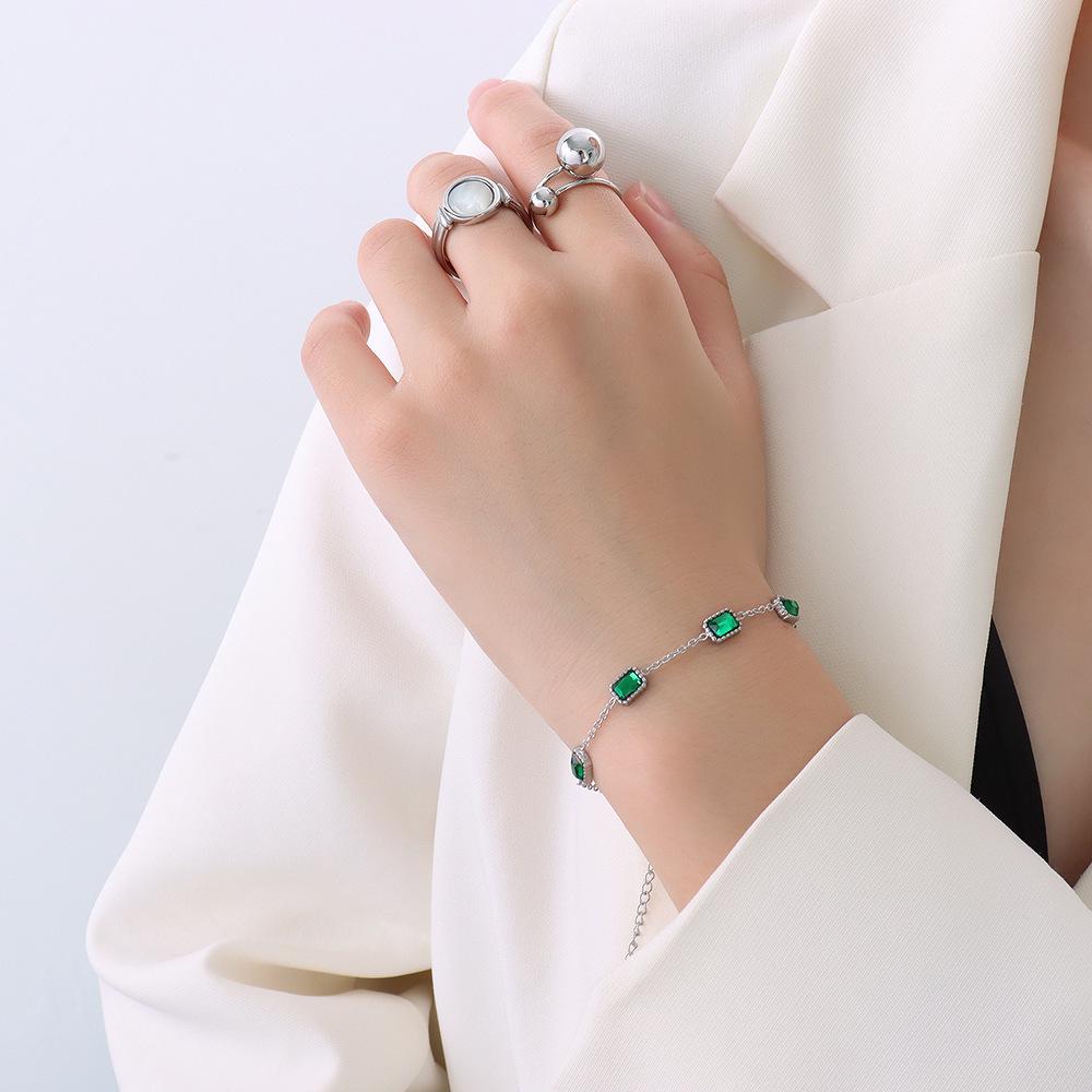 Chinese-Inspired Trendy Gold Bracelet with Emerald Zircon Inlay, Titanium Steel, 18K