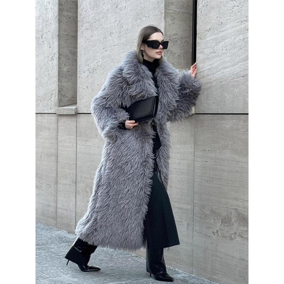 Women s Turn Down Collar Long Sleeve Faux Fur Coat Loose Elegant Long Winter Outerwear S