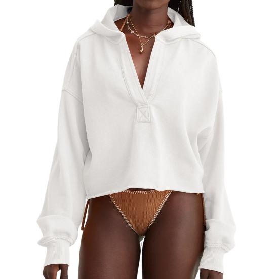 Women's Cropped Sweatshirt Loose Long Sleeve V Neck Hoodies Casual Hooded Pullover Crop Workout Top