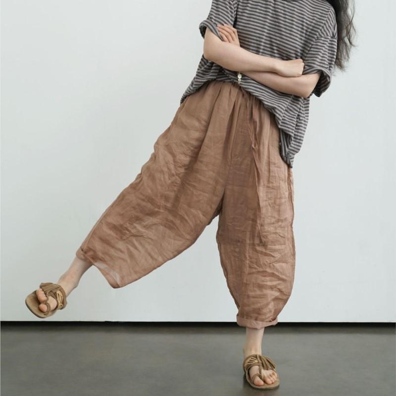 Johnature Women Vintage Straight Pants Solid Color Elastic Waist Trousers Summer Loose Belt Casual Ankle-length Pants