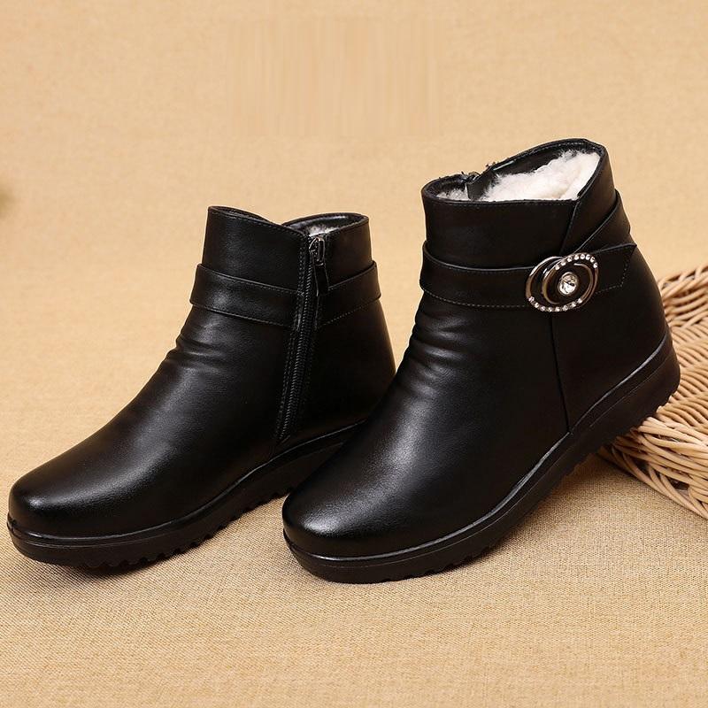 Cizme de iarnă din piele naturală cu toc pană Cizme de zăpadă pentru femei Cizme de zăpadă anti-alunecare Cizme de blană caldă Pantofi ocazionali de damă