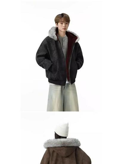 Unisex Double-Sided Wear Snow Eagle Fur Collar Hooded Jacket - Warm Cotton Autumn/Winter Plus Velvet Couples Design
