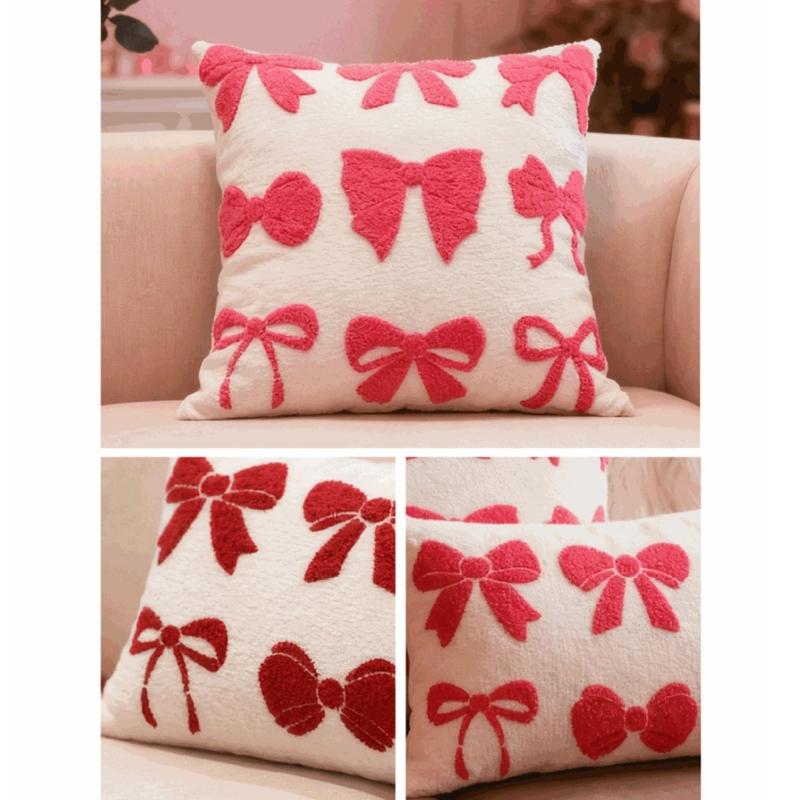 Throw Pillow Case with Tufted Embroidered Bows Design Decorative Cushion Cover for Elegant Living Room Bedroom Decors