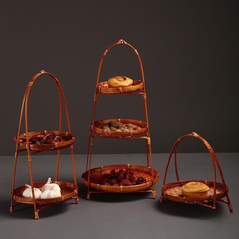 Runde Bambus-Geflochtene Korb mit Griff für Tee, Snacks und Obst - Kreatives Mehrschichtiges Gebäcktablett