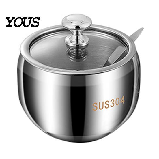 Countertop Spice Storage Jars 304 Stainless Steel Jar Set, Seasoning Container with Glass Lid Refillable Condiment & Spoon, Rustproof