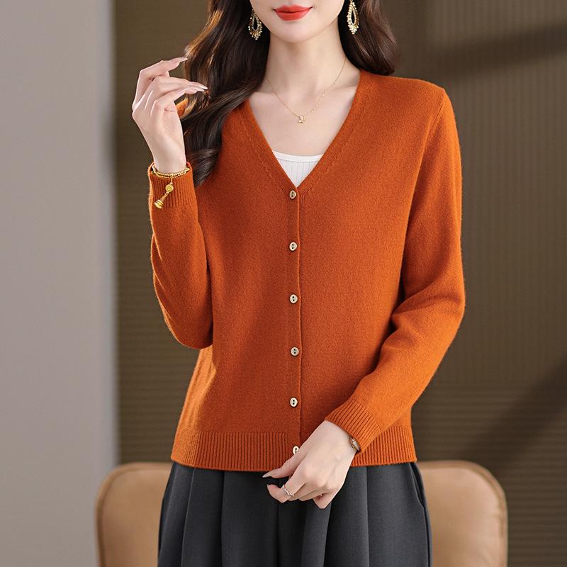 Women's 100% Wool V-Neck Cardigan - Spring/Autumn 2025, Long Sleeve, Petite, Lightweight Sweater