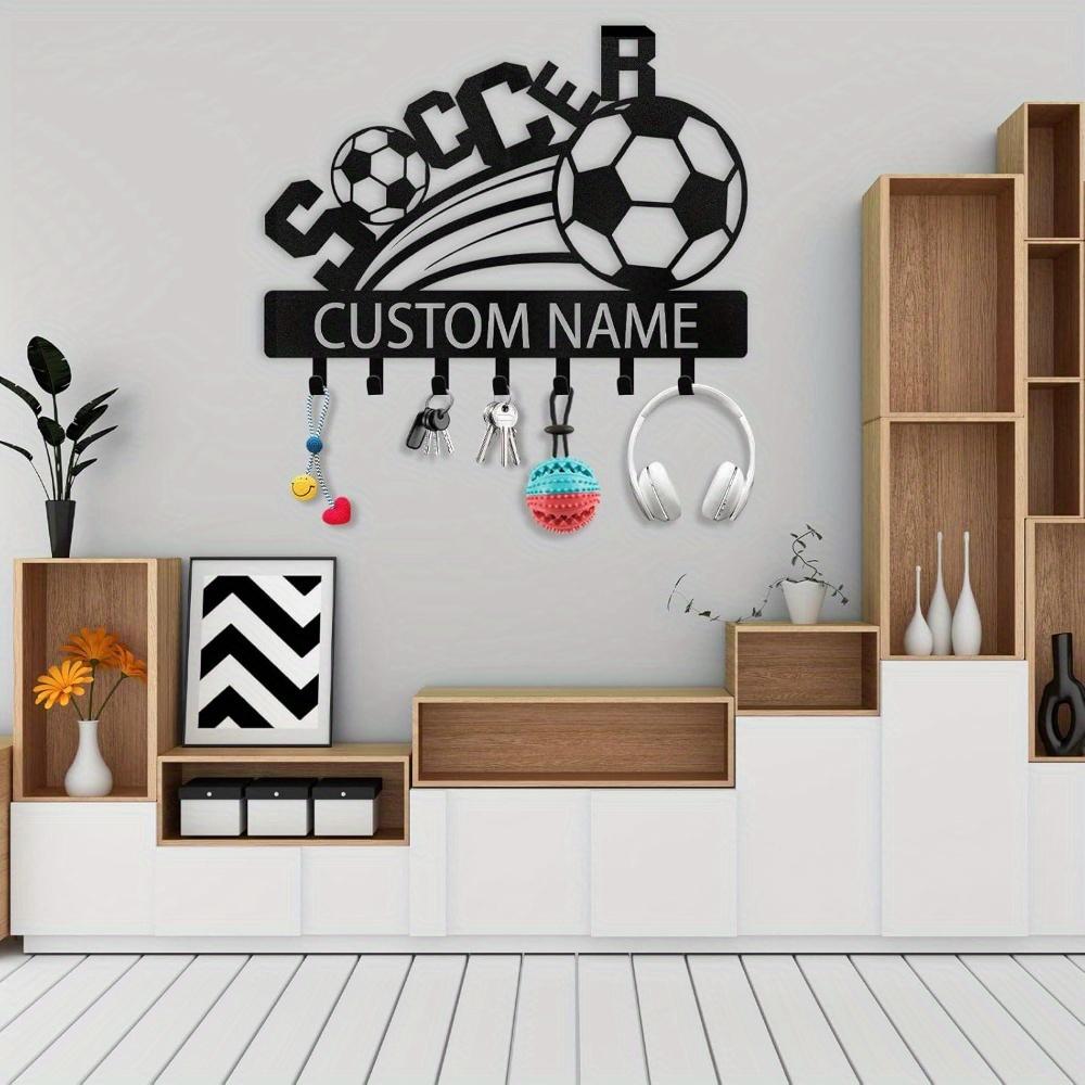 Metal Key Holder Wall Rack Soccer Theme Personalized Name Hook Entryway Decor Organizer