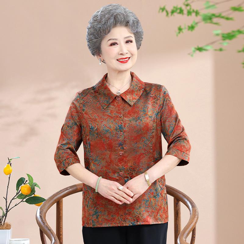 

Silk Mid-Sleeve Shirt for Middle-Aged and Elderly Women - Spring and Summer Top 5XL (Rec. 150-165 Jin)