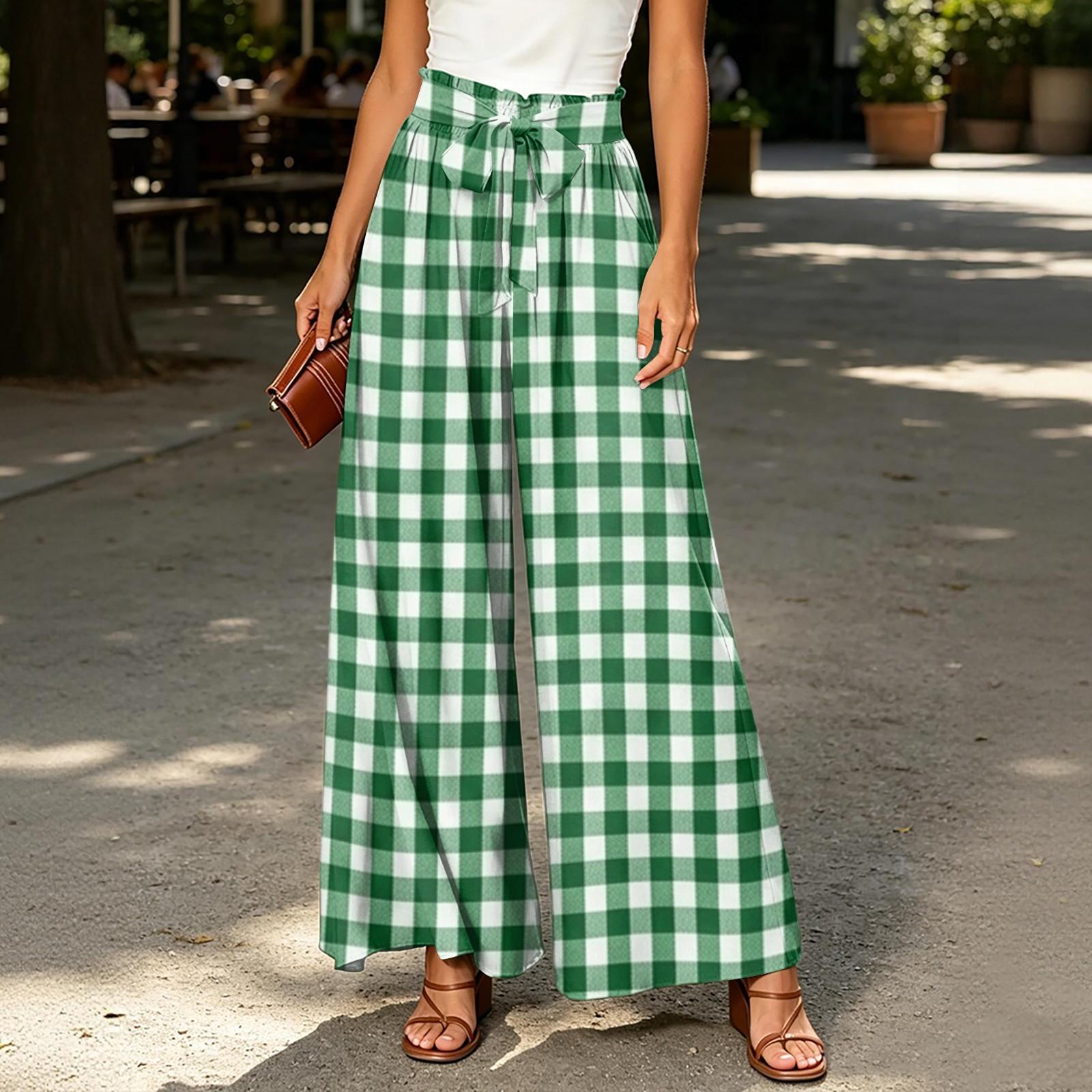 

Women s High Waist Wide Leg Pants with Striped Plaid Print Casual Loose Fit Trousers with Tie Belt and Pockets for Everyday Wear S