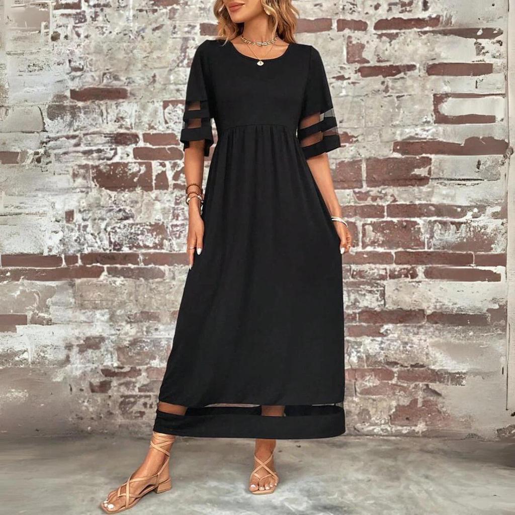 Plus Size Women's Mesh Sleeve Patchwork Pocket Dress