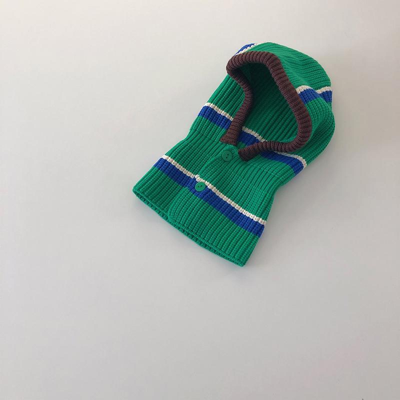 

Winter Warm Baby One Piece Scarf Cap 3-6year Kid Ear Protection Knit Hat Korean Stripe Children Balaclava Headgear Hooded Beanie зелений