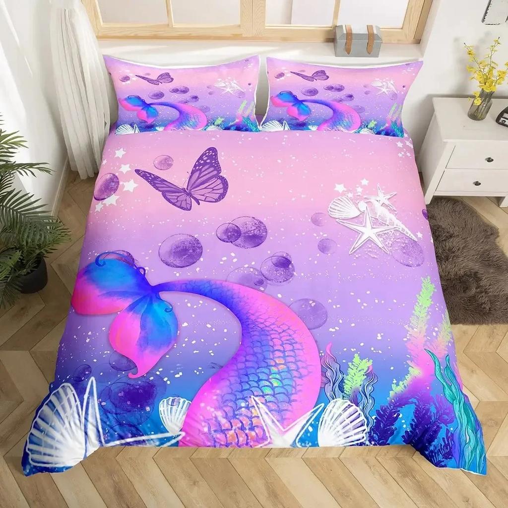 Mermaid Tail Fish Scales Girly Shell Starfish Comfortable Duvet Quilt Cover Pillowcase Bedding Set Children Bedroom Home Textile