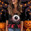 Women's Casual V-Neck Short Sleeve Blouse with Halloween Print