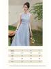 Women's French Blue Elegant Summer Long Dress with Slimming Waist Design