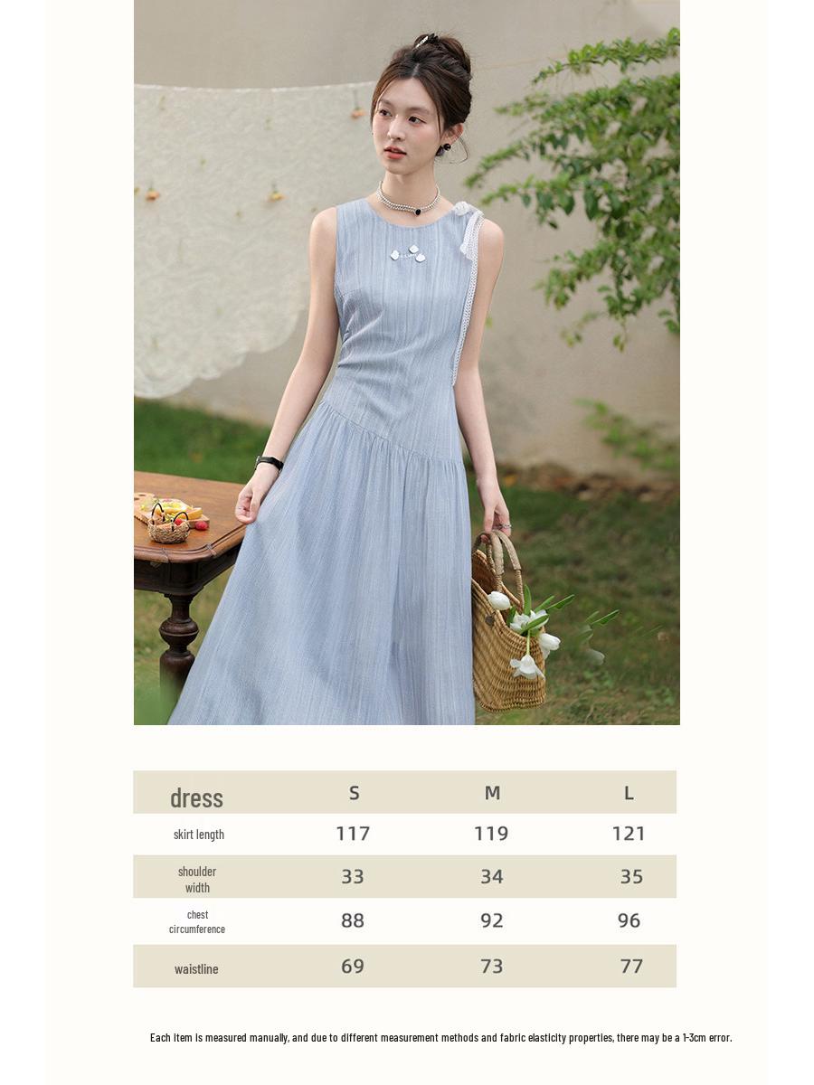 

Women s French Blue Elegant Summer Long Dress with Slimming Waist Design M