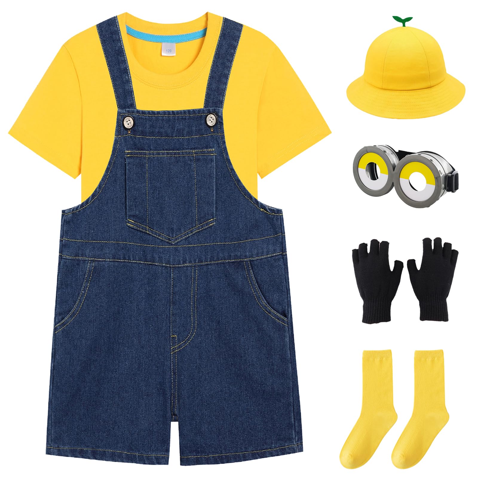 

Желтый костюм на Хэллоуин для набора Детский размер [HTPARY] Дети, 6 предметов (Комбинезон с короткими рукавами, Очки, Шляпа, Перчатки, Носки) (110CM)