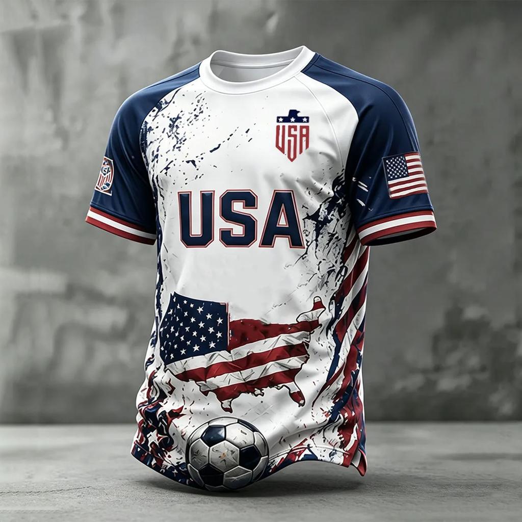 Męska casualowa, lekka, oddychająca koszulka z krótkim rękawem i okrągłym dekoltem z nadrukiem USA 2026 Design Koszulka na temat piłki nożnej