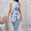 Women Plus Size Crew Neck Sleeveless Midi Dress Bright Ethnic Circular Floral All Over Print Bodycon Dress