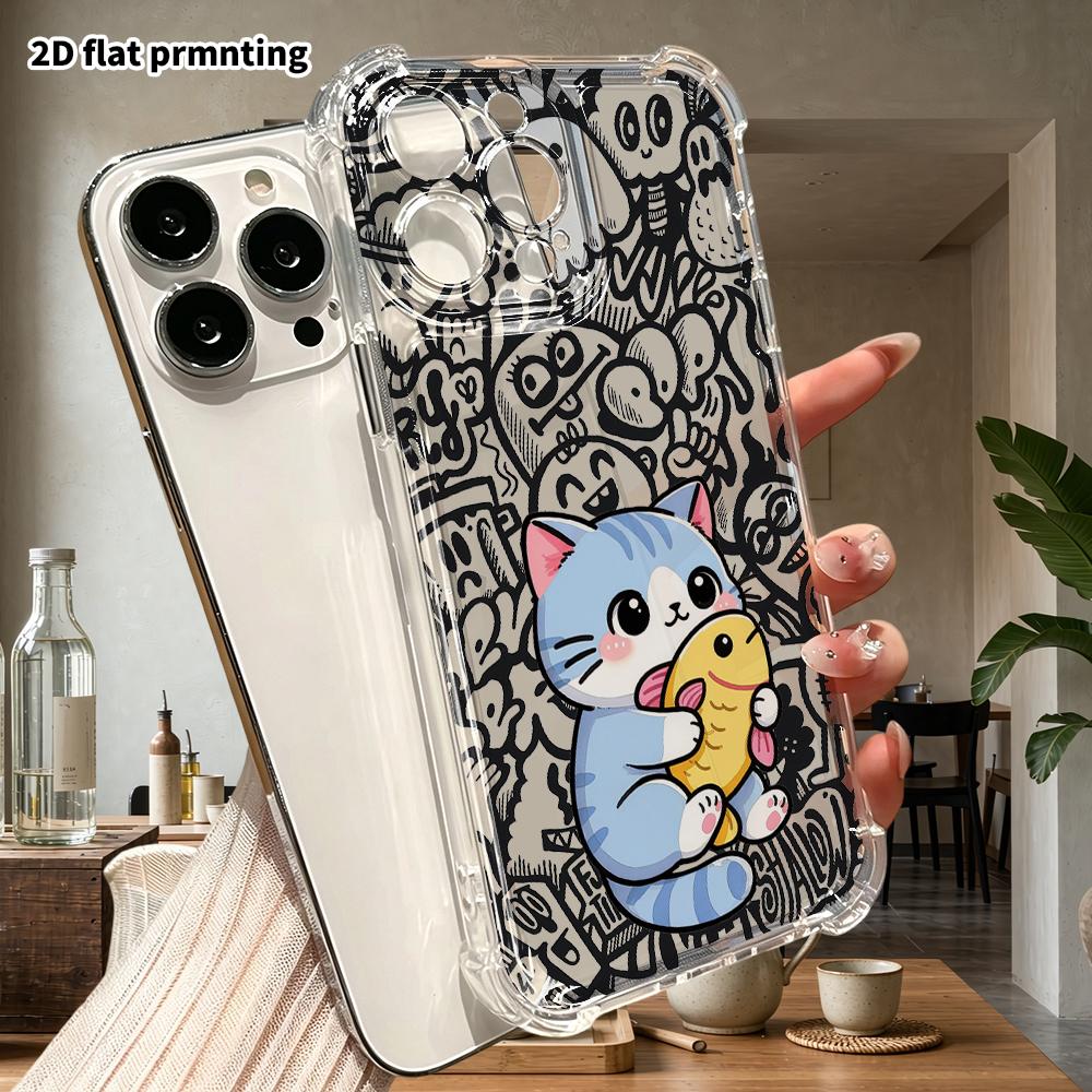 Phone Case: 2D flat suitable for iPhone 18 17 16 15 14 13 Pro, transparent four corner protective case, blue cat hugging a yellow fish, Christmas and