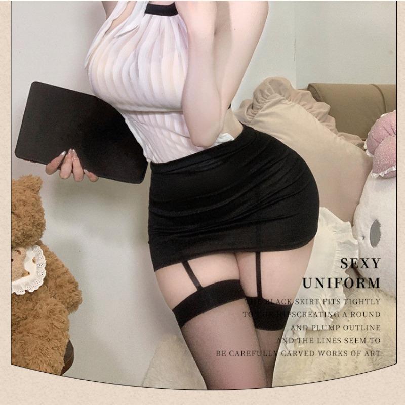 Ladies' Sexy Lingerie Tight Fitting Hip Hugging Skirt Pure Desire Secretary Uniform Temptation Perspective Hollow Out Set