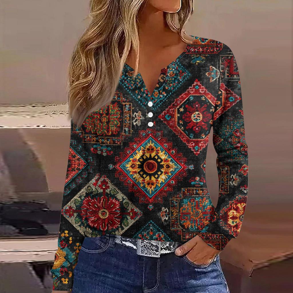 Women's T Shirt Tee Button Long Sleeve Daily Weekend Fashion Basic V- Neck Regular Top