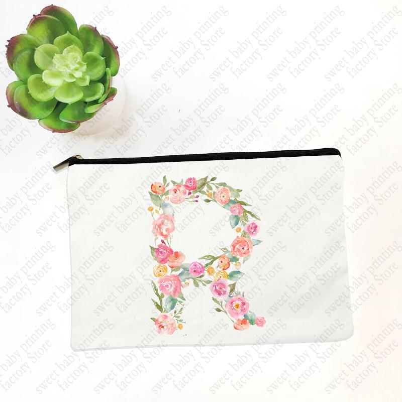 Initials Flower Women White Cosmetic Bag Travel Lipstick Bags Mujer Bolsas Bridesmaid Maid of Honor Makeup Bag Wristlet Clutch