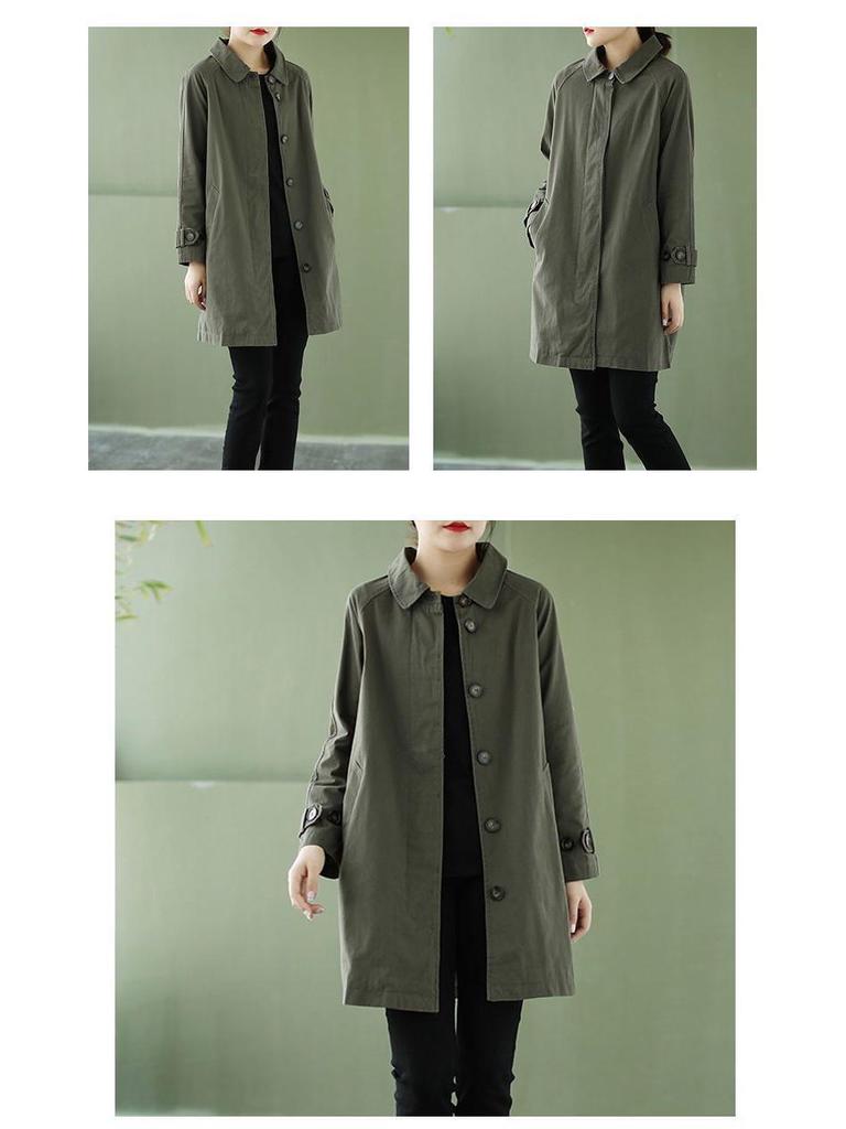 Women's Plus-Size Washed Cotton Trench Coat, Mid-Length, Loose Fit, Korean Style, for Spring and Autumn.