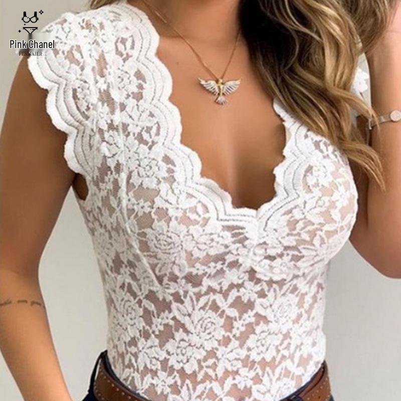 

Кружевная футболка с V-образным вырезом и прозрачными вставками - Сексуальный топ (B3067) S белый