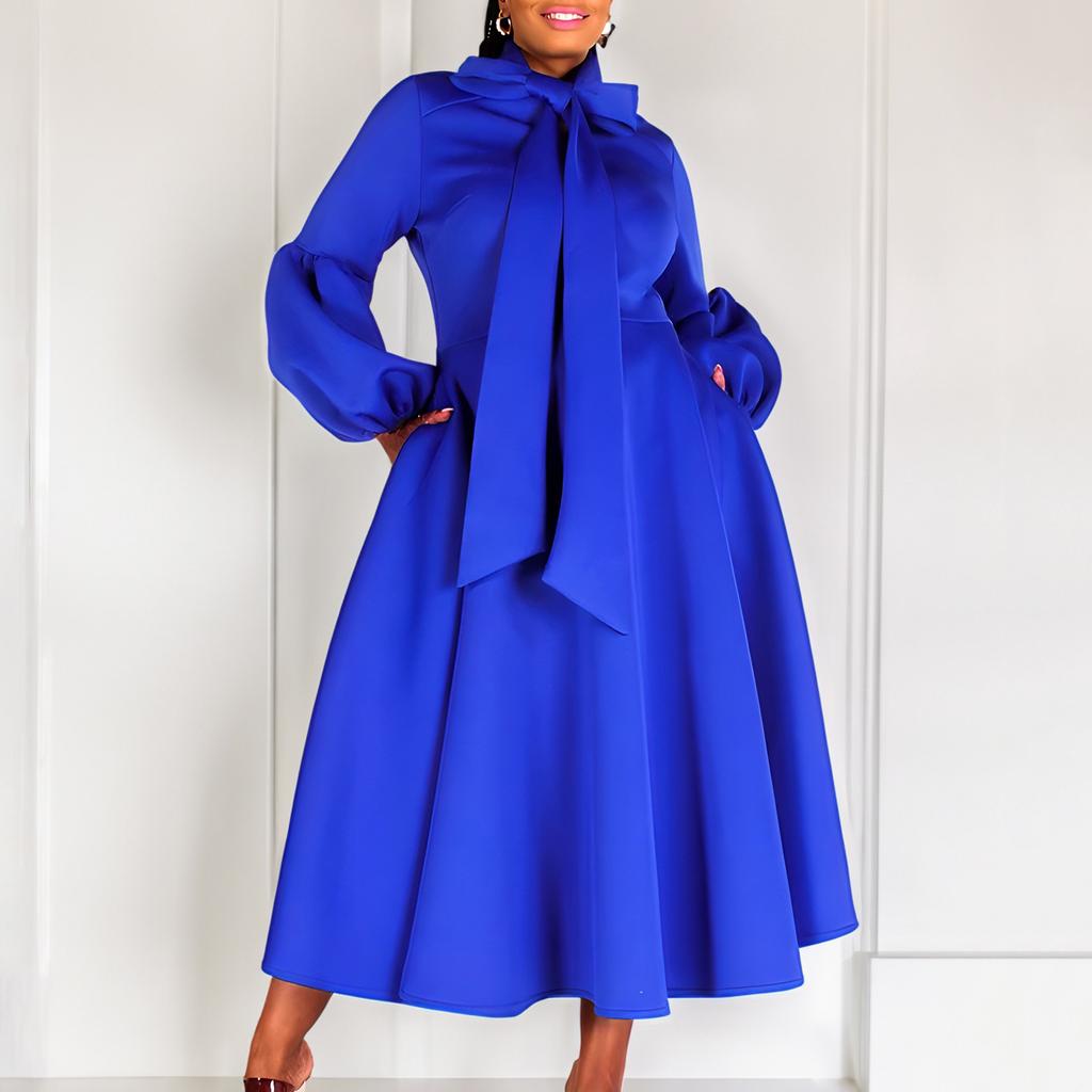 Eleganti Vestiti Donna Collo a Fiocco Manica Lunga Vita Alta Linea ad A Lusso Festa di Compleanno Femminile Vestidos Mujer