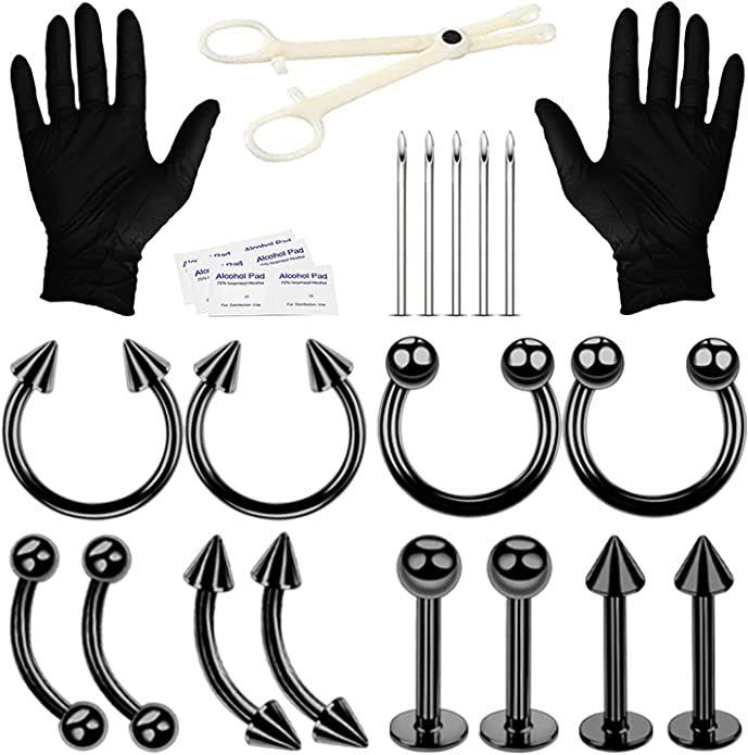 84PCS Mixed Set of Stainless Steel Body Jewelry: Nose Rings, Nose Studs, Eyebrow Studs, Ear Cartilage Studs, Lip Studs, and Navel Rings.