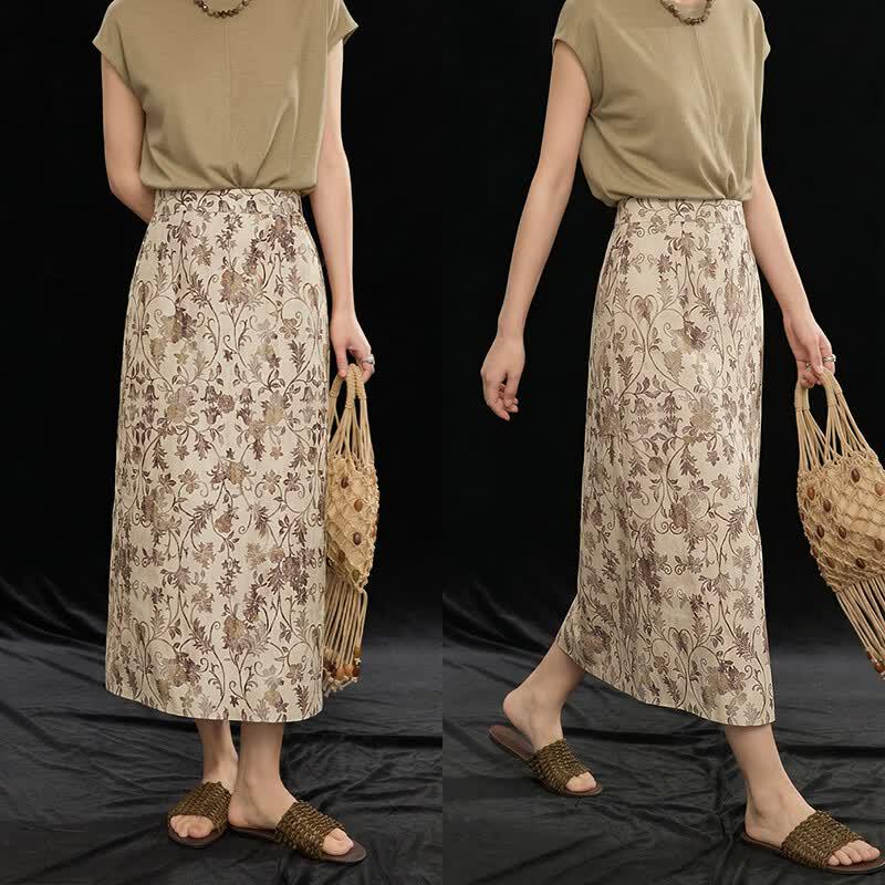 Wudao Retro Floral Print Midi Skirt M