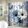 1Pc Blue & White Floral Butterfly Shower Curtain - Elegant Nature Design, Vivid Blossoms, Muted Gray Background, Polyester