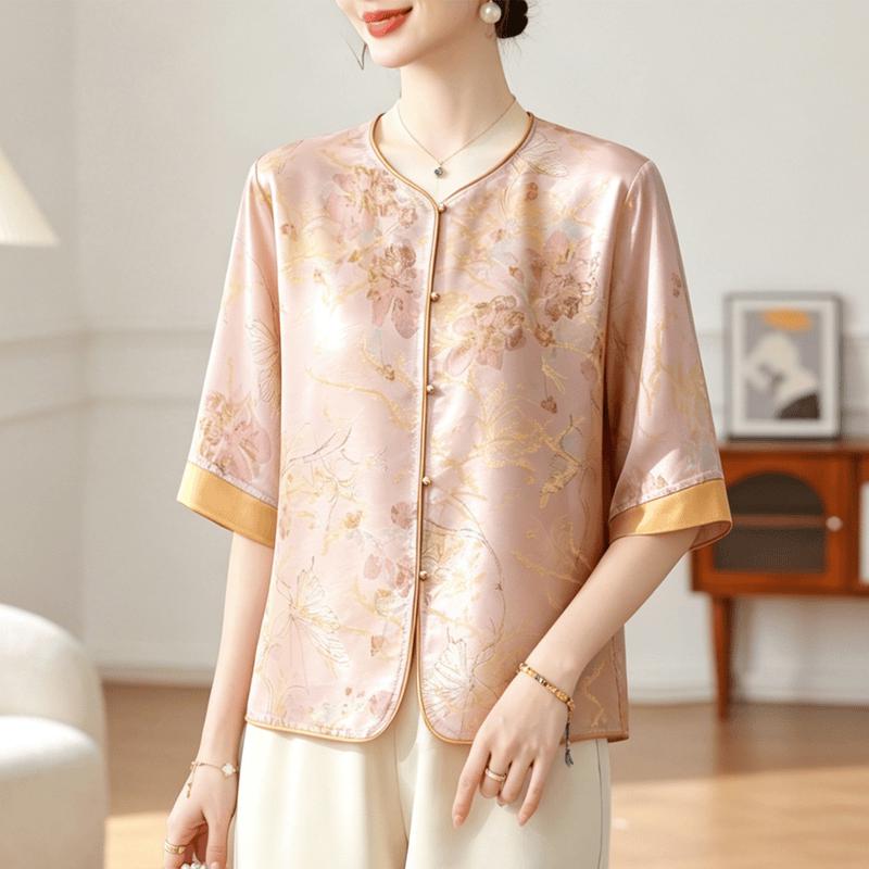 New Chinese Style Floral Print Summer Blouse for Moms 3XL