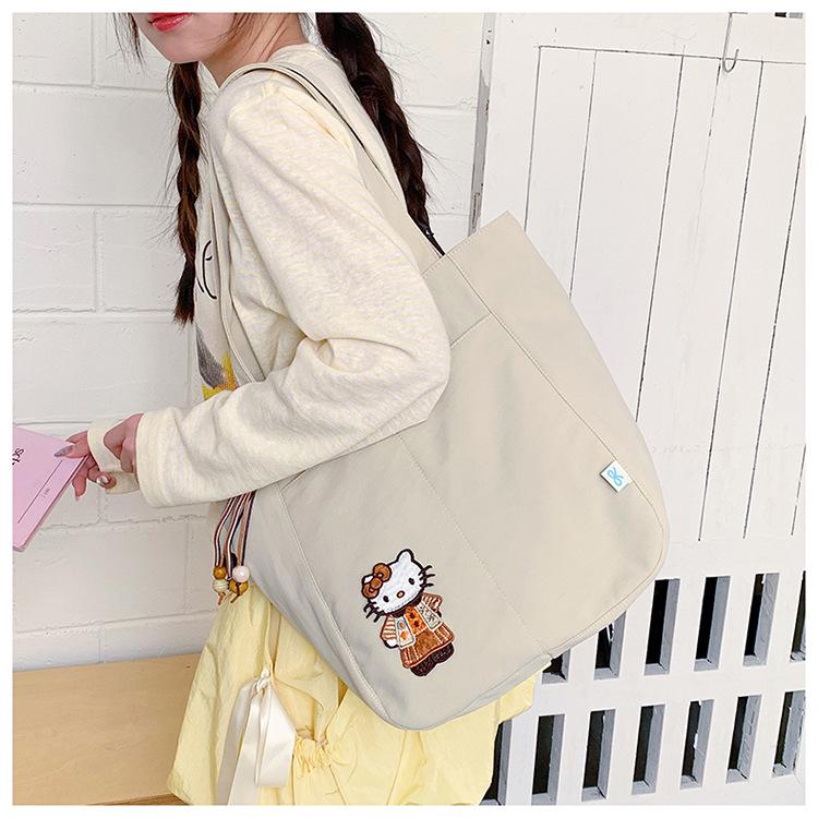 Versatile Women's Canvas Tote Bag with Cartoon Embroidery – Large Capacity, Multi-functional Shoulder Bag