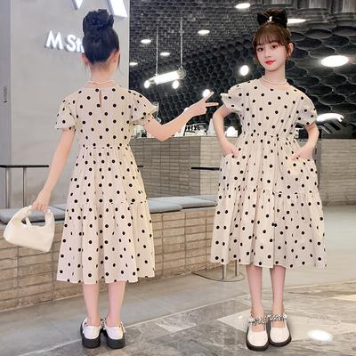 Girls' Summer Polka Dot Skirt, Pure Cotton Polka Dot Long Skirt, Pure Cotton Princess Skirt, Puff Sleeve Children's Temperament Skirt