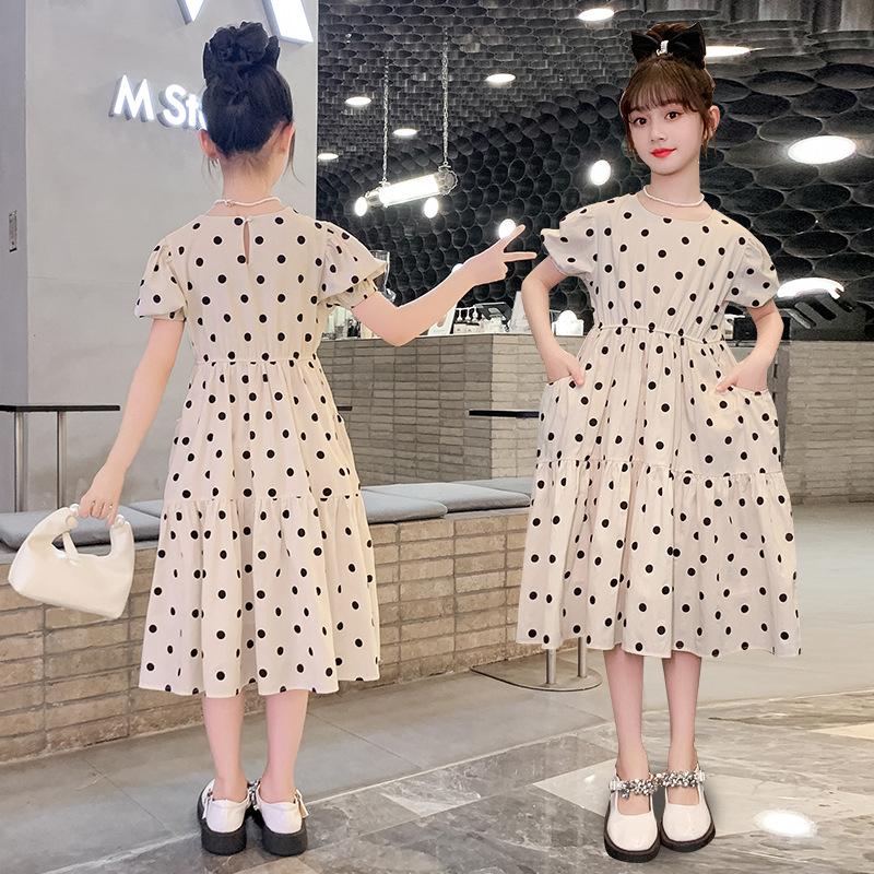 Sommerrock für Mädchen mit Polka Dots, Langrock mit Polka Dots aus reiner Baumwolle, Prinzessinnenrock aus reiner Baumwolle, Kinder-Temperamentrock mit Puffärmeln