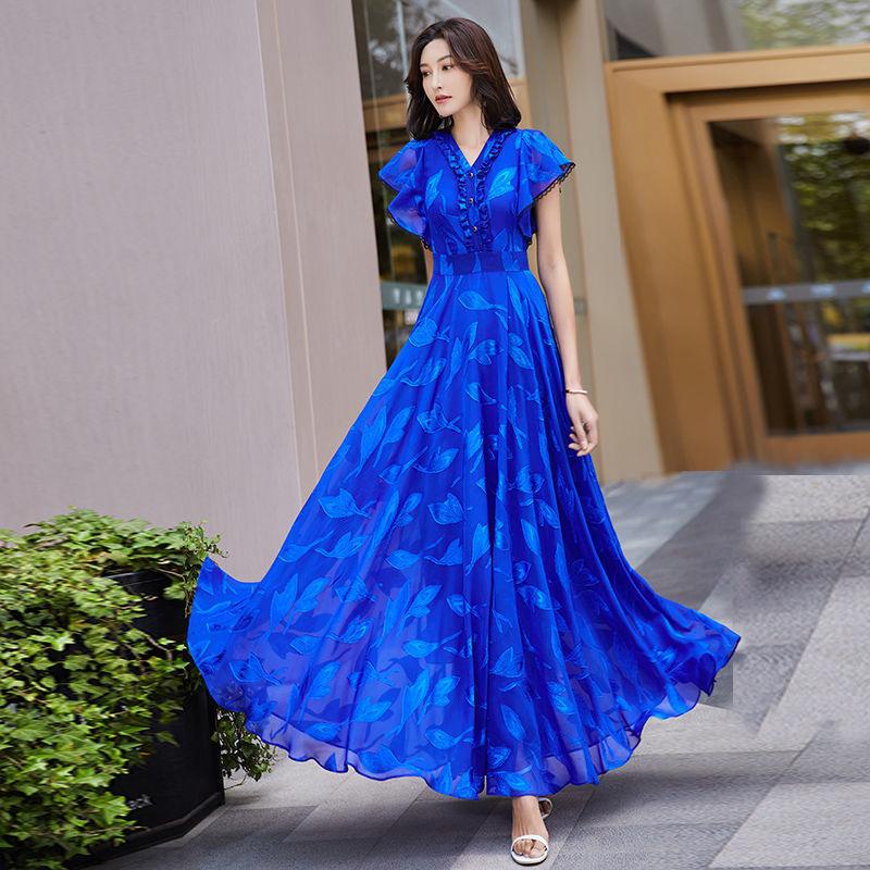 French Style Chiffon Summer Dress Women Long Elegant Beach Dress with Flowy Hem