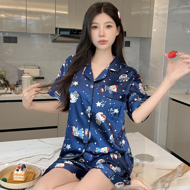 "Travel In Space" Kitty Cat Cute Pajamas Women'S Summer Ice Silk Cool Short-Sleeved Loungewear Set