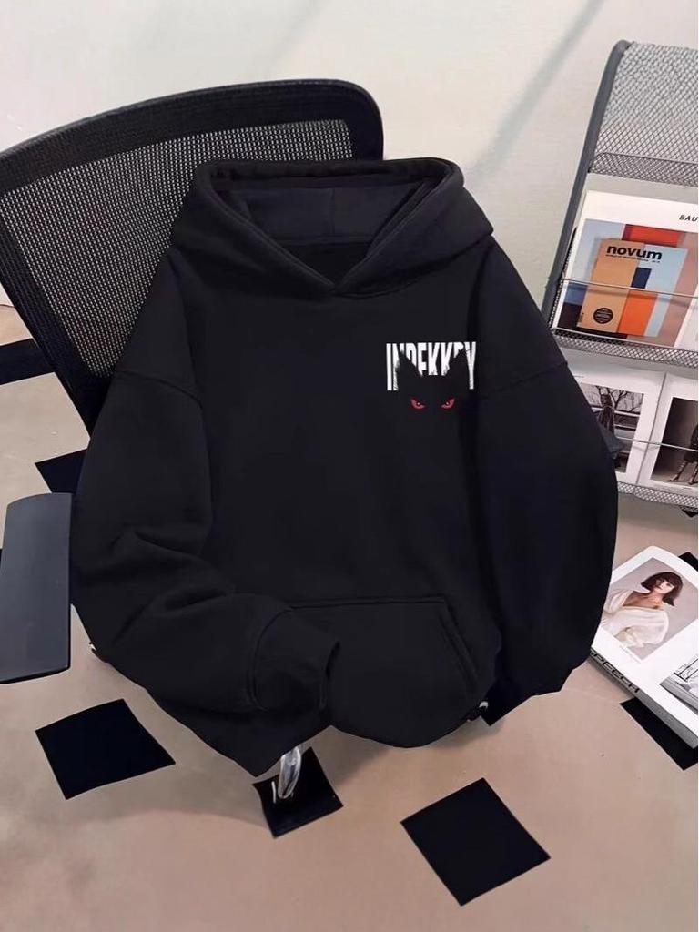 Plush-Lined Hooded Sweatshirt: Trendy Print Loose-Fit Men's Jacket for Autumn/Winter