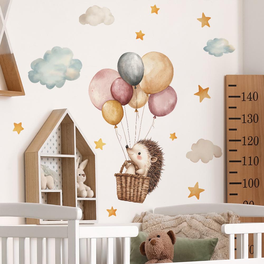 Cartoon Hedgehog Hot Air Balloon Wall Sticker Self-Adhesive Removable for Bedroom Commercial Places Home Decoration