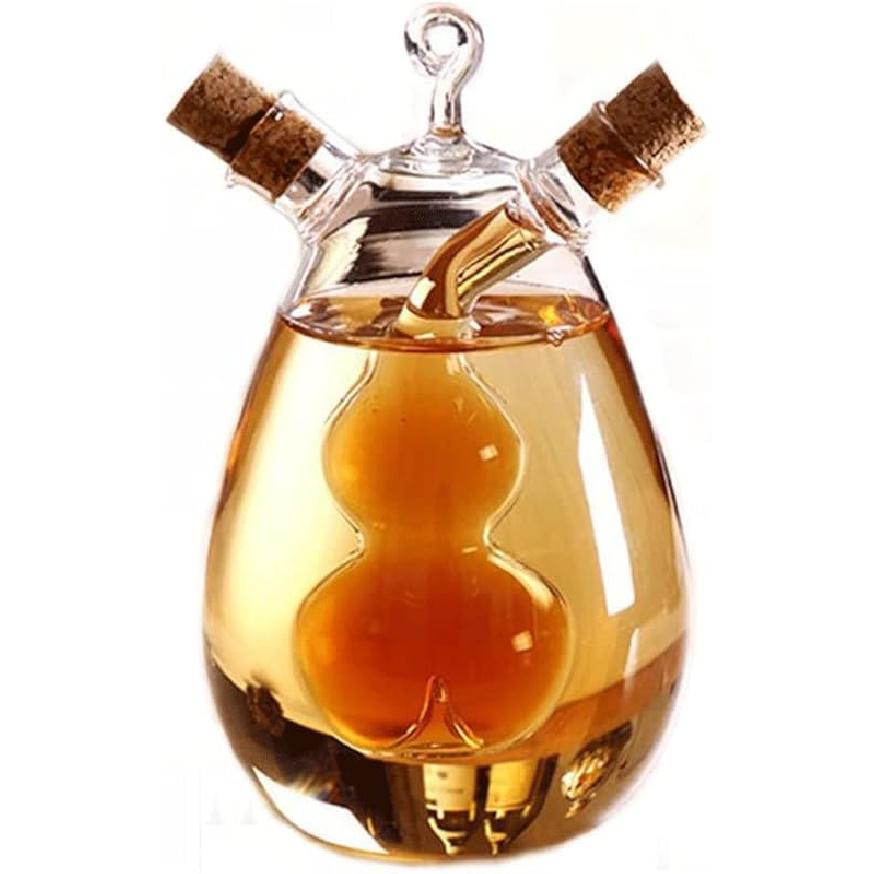 2 in 1 Oil and Vinegar Dispenser Cruet Bottle, Kitchen Supplies Glass Olive Oil and Balsamic Vinegar Cruet Bottle with Cork Stoppers, Hand-blown Gourd Shape